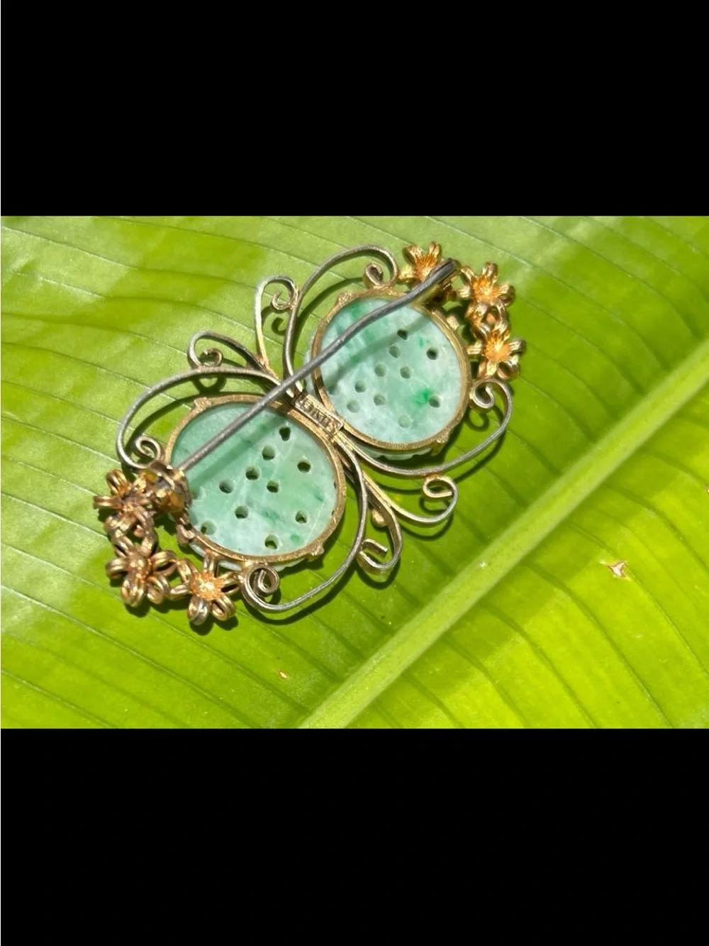 Chinese Export Gold Vermeil Filigree Silver Carved Jade Jadeite butterfly pin